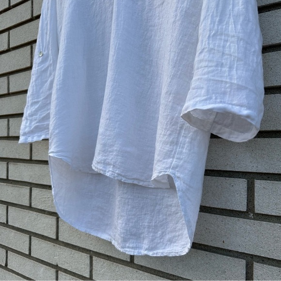 Rosemarine White Linen Roll Tab Sleeve Two Button V-Neck Shirt Blouse - Picture 4 of 11